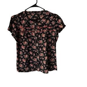 So-En Shirt Large Black Pink Floral Button Up Short Sleeve Japanese Peasant